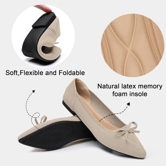 Women's Beige Knit Flats Closed Pointed Toe Bow Knit Ballet Comfortable Shoes - Picture 3 of 6